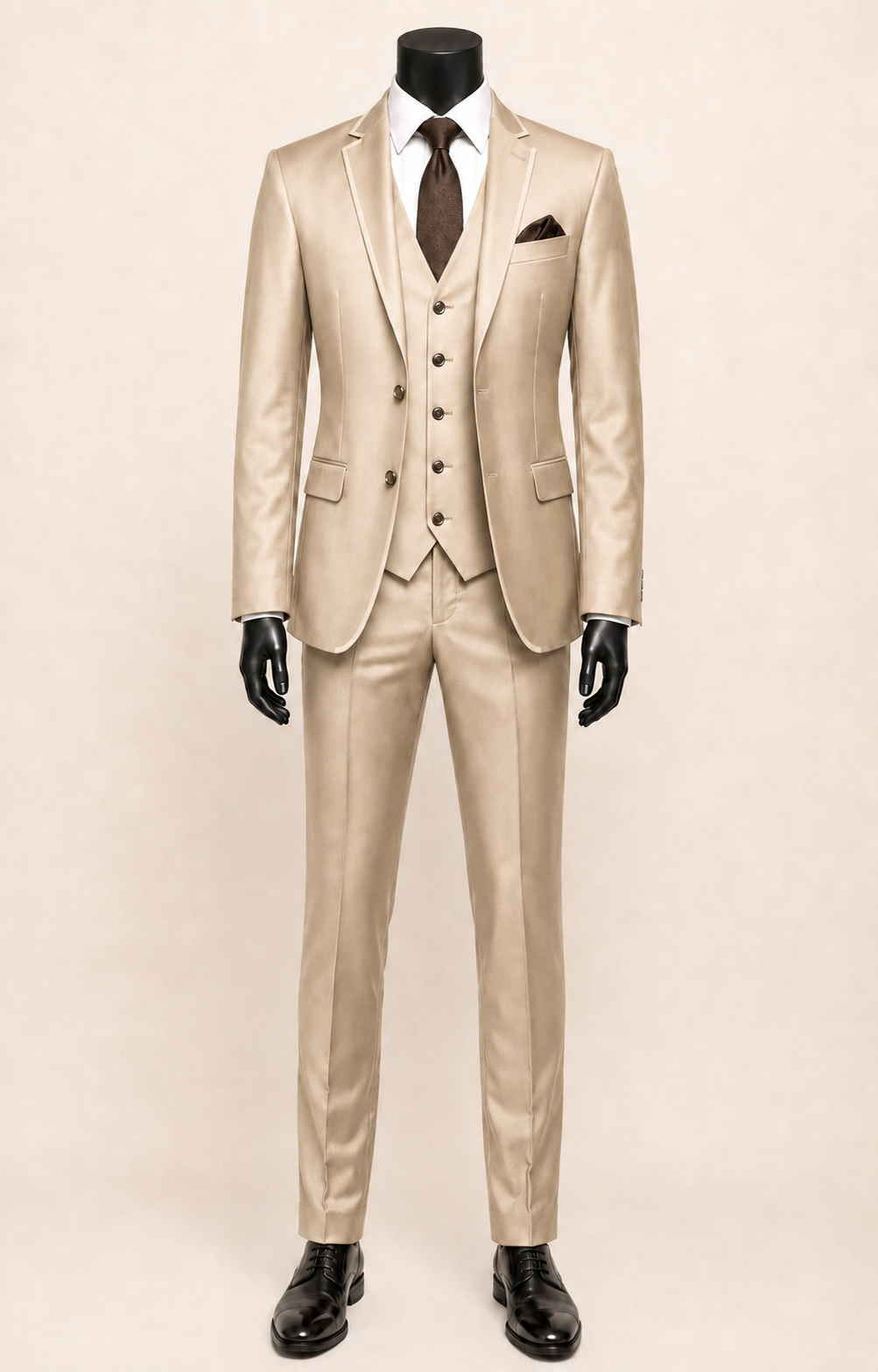 Men's champagne beige slim fit three-piece satin suit with matching satin lapel trim