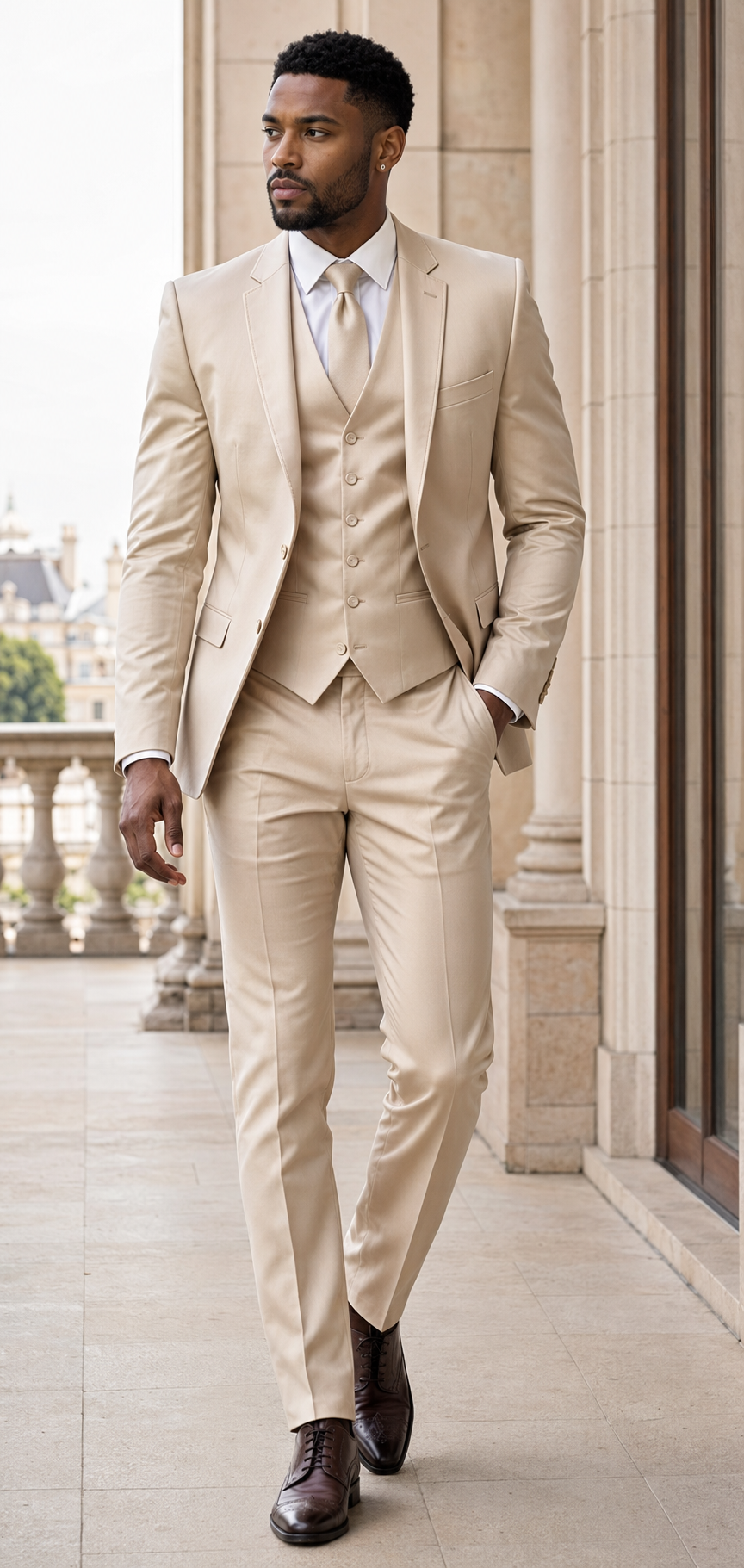 Man wearing champagne beige slim fit three-piece satin suit with matching lapel trim on a hotel terrace