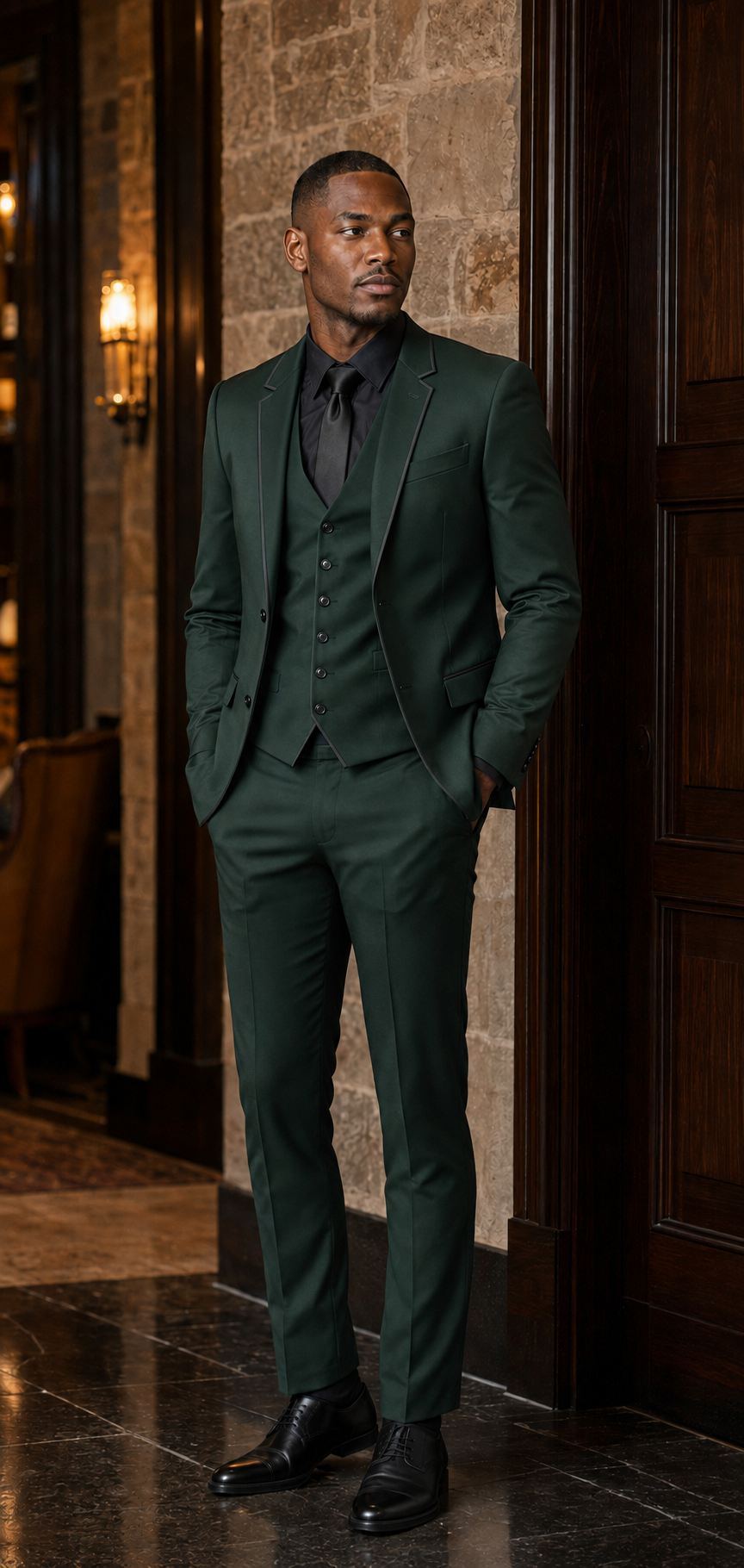 Man wearing hunter green slim fit three-piece satin suit with notch lapel and matching satin trim at an elegant evening venue