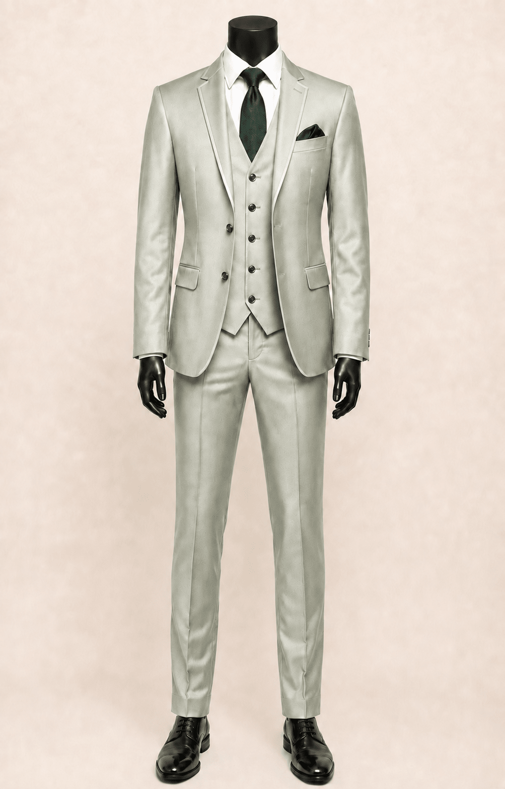 Men’s Light Sage Slim Fit 3-Piece Satin-Look Suit with Vest – Valdoro Collection - Upscale Men's Fashion