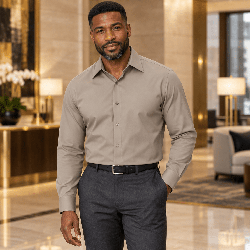 Men's Basic Dress Shirt with Convertible Cuff -Color Taupe - Upscale Men's Fashion
