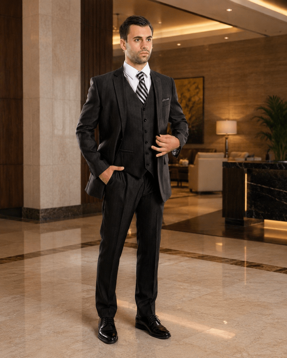 Tazio Collection-Black Textured 3 Piece Suit - Upscale Men's Fashion