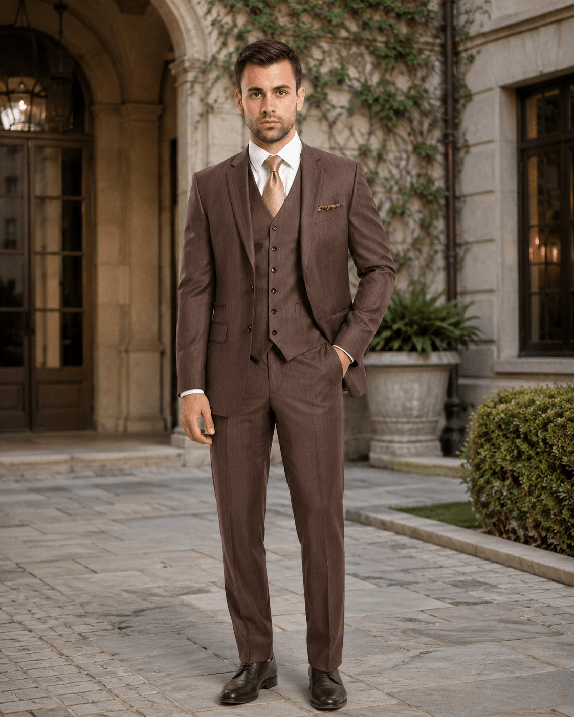 TAZIO COLLECTION-BROWN TEXTURED 3 PIECE SUIT - Upscale Men's Fashion