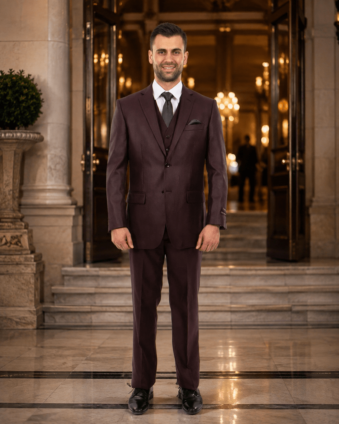 TAZIO COLLECTION-BURGUNDY TEXTURED 3 PIECE SUIT - Upscale Men's Fashion