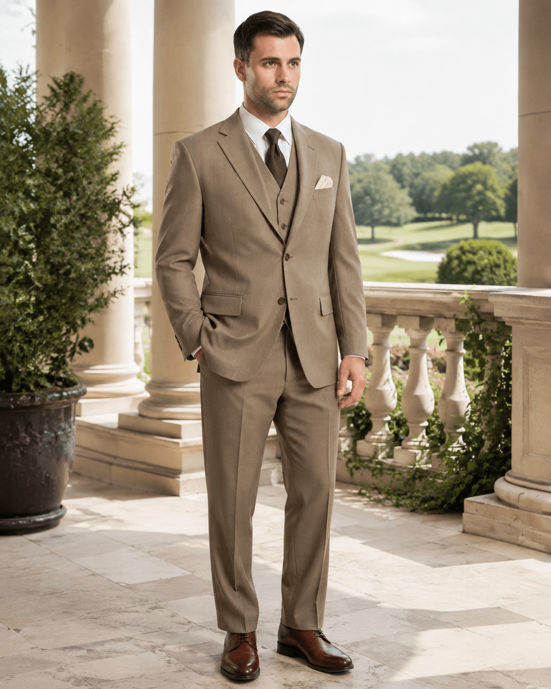 TAZIO COLLECTION-DARK TAN TEXTURED 3 PIECE SUIT - Upscale Men's Fashion