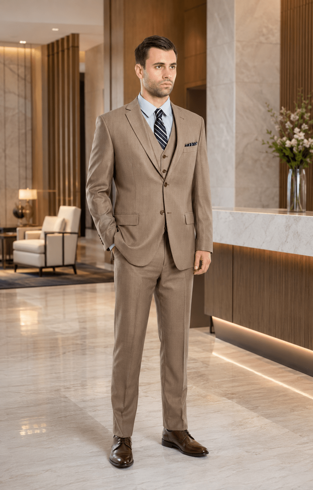 TAZIO COLLECTION-DARK TAN TEXTURED 3 PIECE SUIT - Upscale Men's Fashion