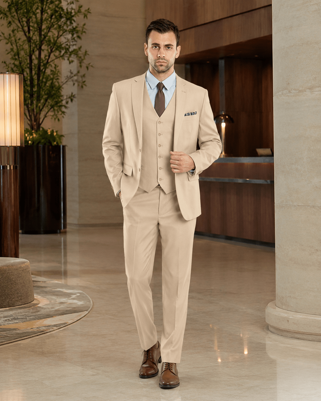 TAZIO COLLECTION-LIGHT BEIGE TEXTURED 3 PIECE SUIT - Upscale Men's Fashion