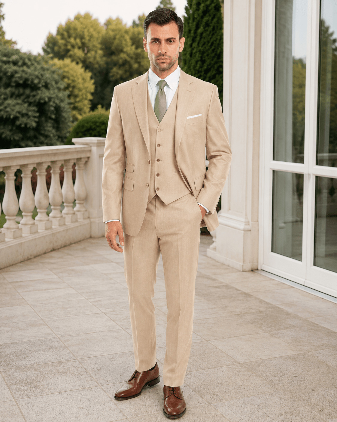 TAZIO COLLECTION-LIGHT BEIGE TEXTURED 3 PIECE SUIT - Upscale Men's Fashion