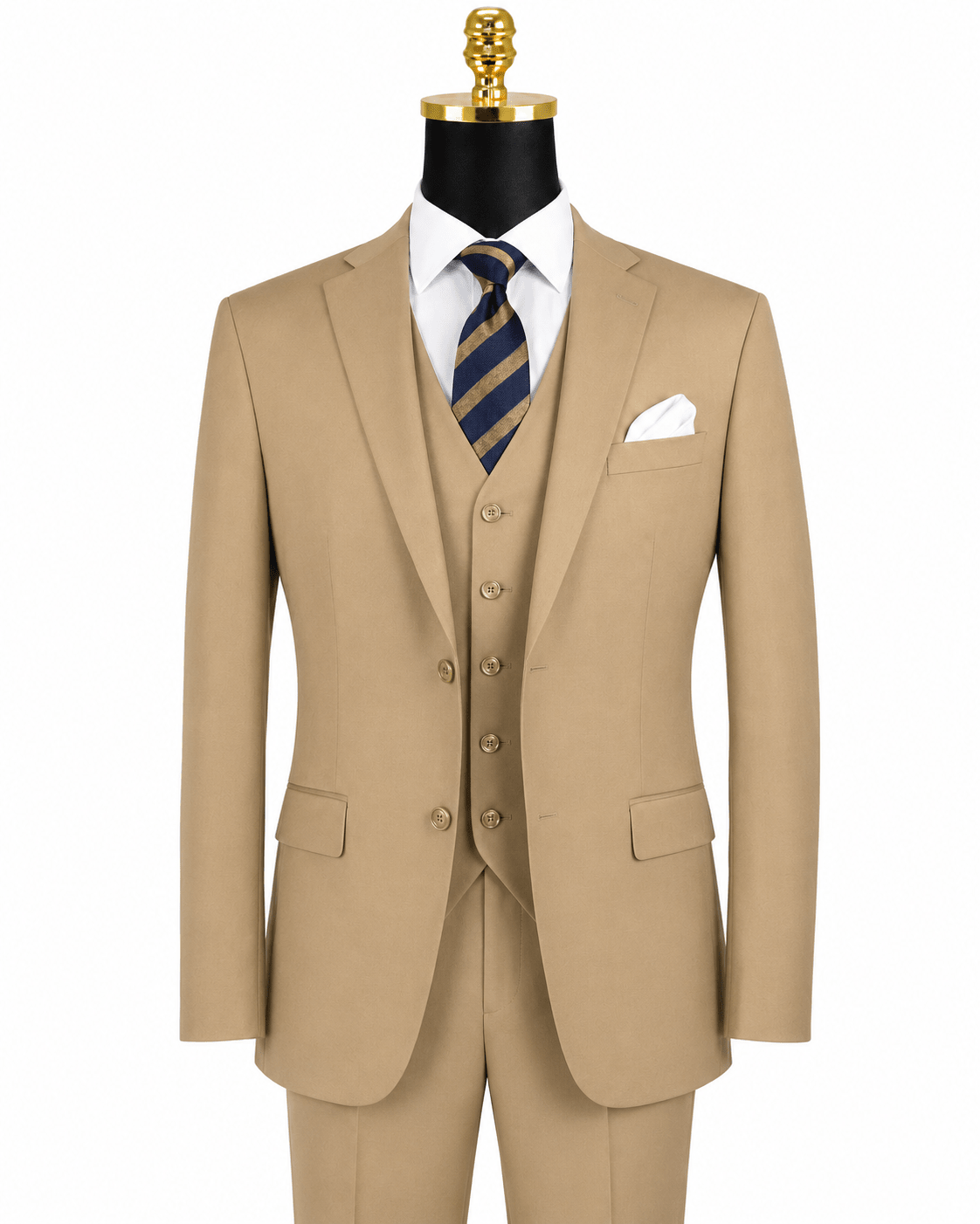 Torino Collection – Men’s Regular Fit Three-Piece Suit with Vest in Solid Khaki - Upscale Men's Fashion