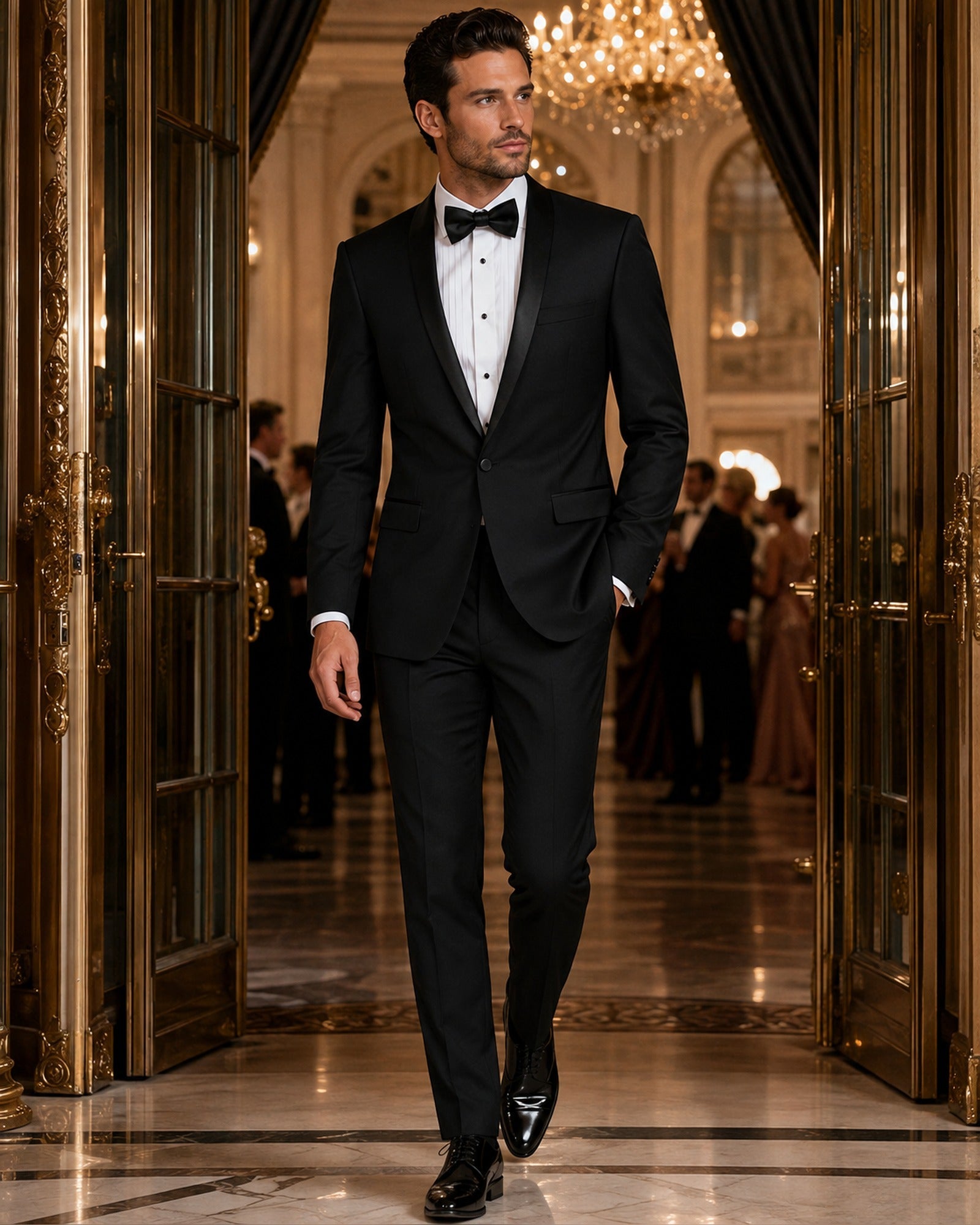 Slim Fit Black Tuxedo with Narrow Black Shawl Lapel - Upscale Men's Fashion