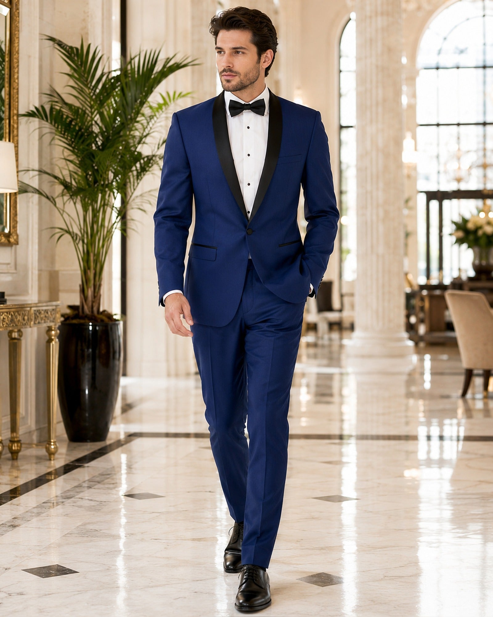Blue Slim Fit Narrow Black Shawl Lapel Tuxedo - Upscale Men's Fashion