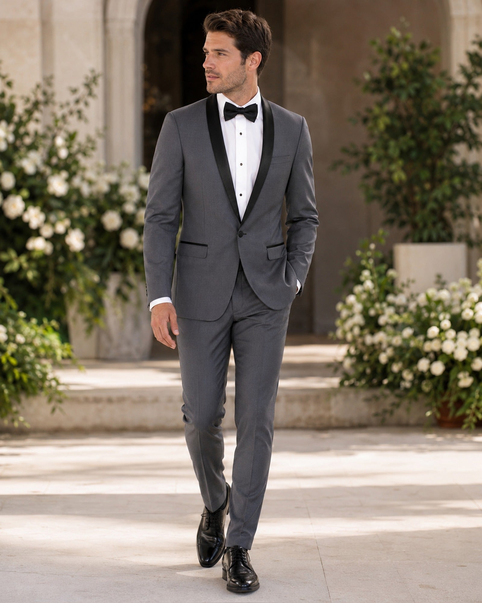 Heather Gray Slim Fit Tuxedo with Narrow Black Shawl Lapel & matching Pants - Upscale Men's Fashion