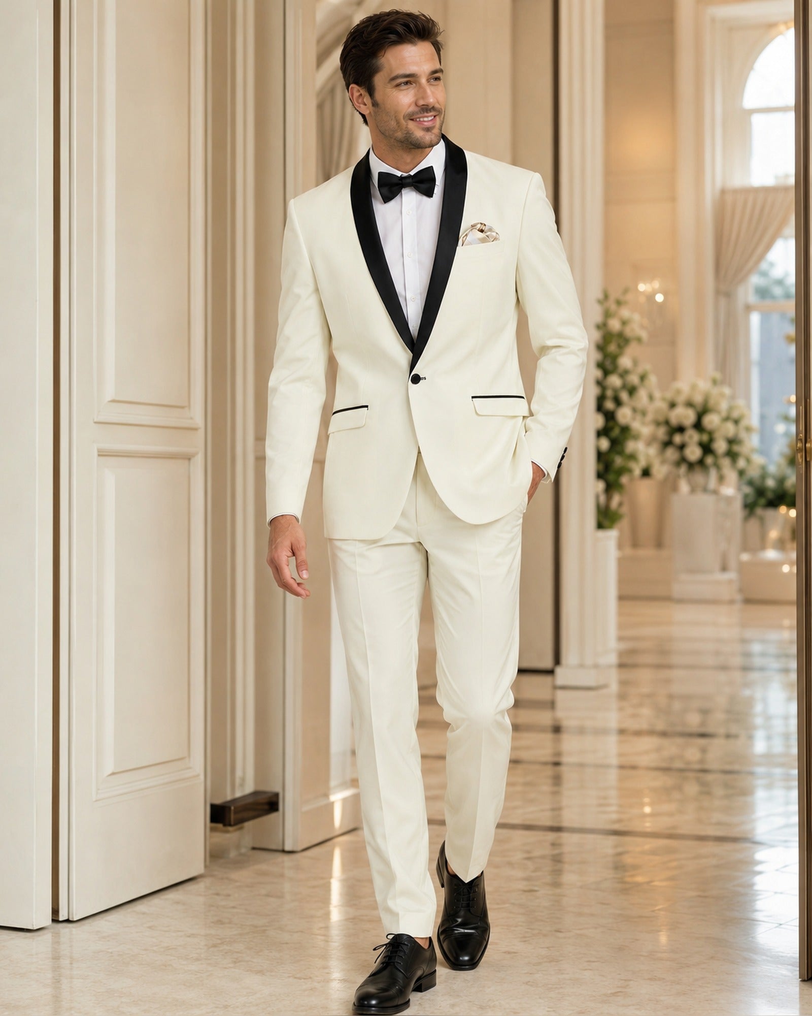 Ivory Slim Fit Tuxedo with Black Shawl Lapel & Ivory Pants - Upscale Men's Fashion