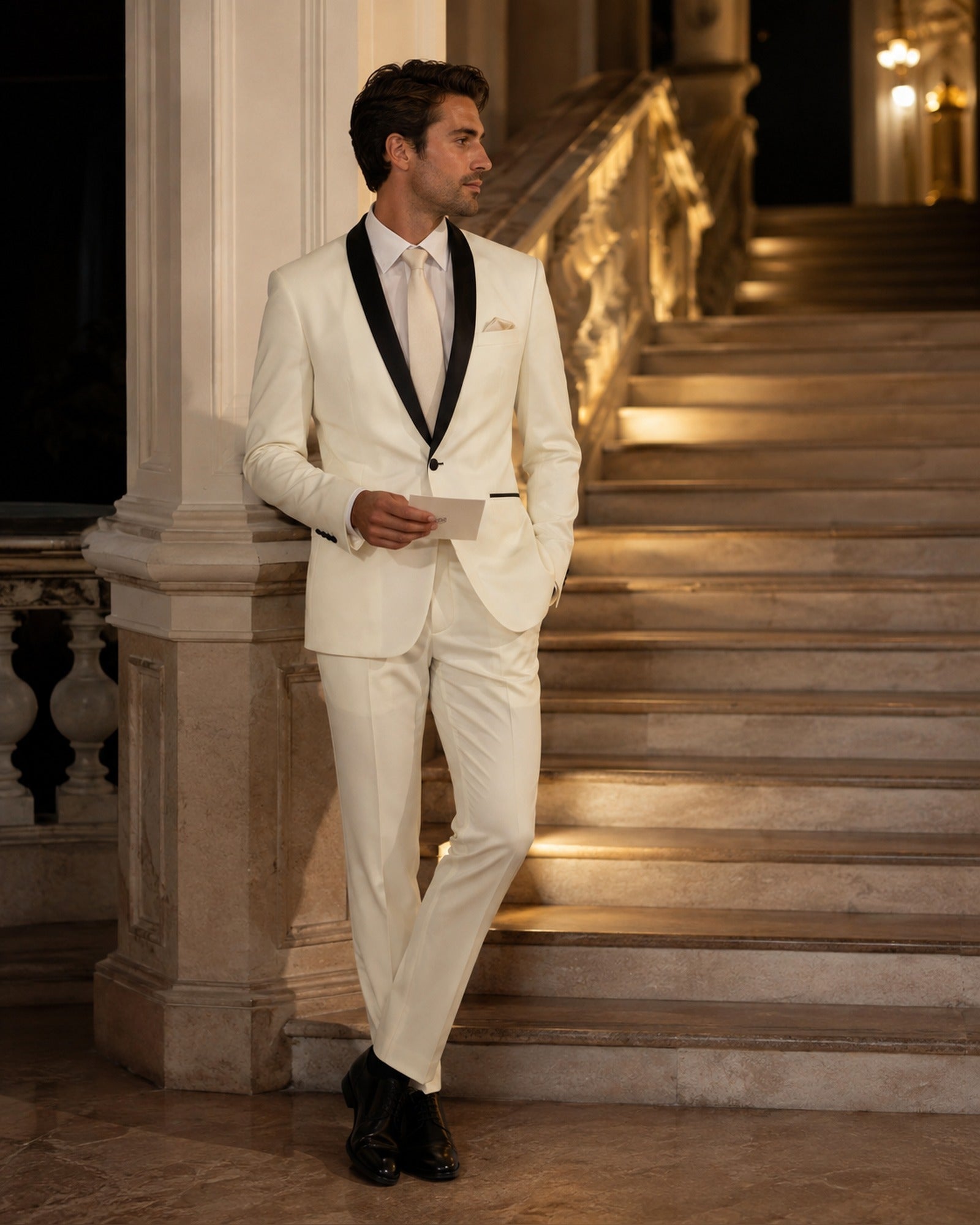 Ivory Slim Fit Tuxedo with Black Shawl Lapel & Ivory Pants - Upscale Men's Fashion