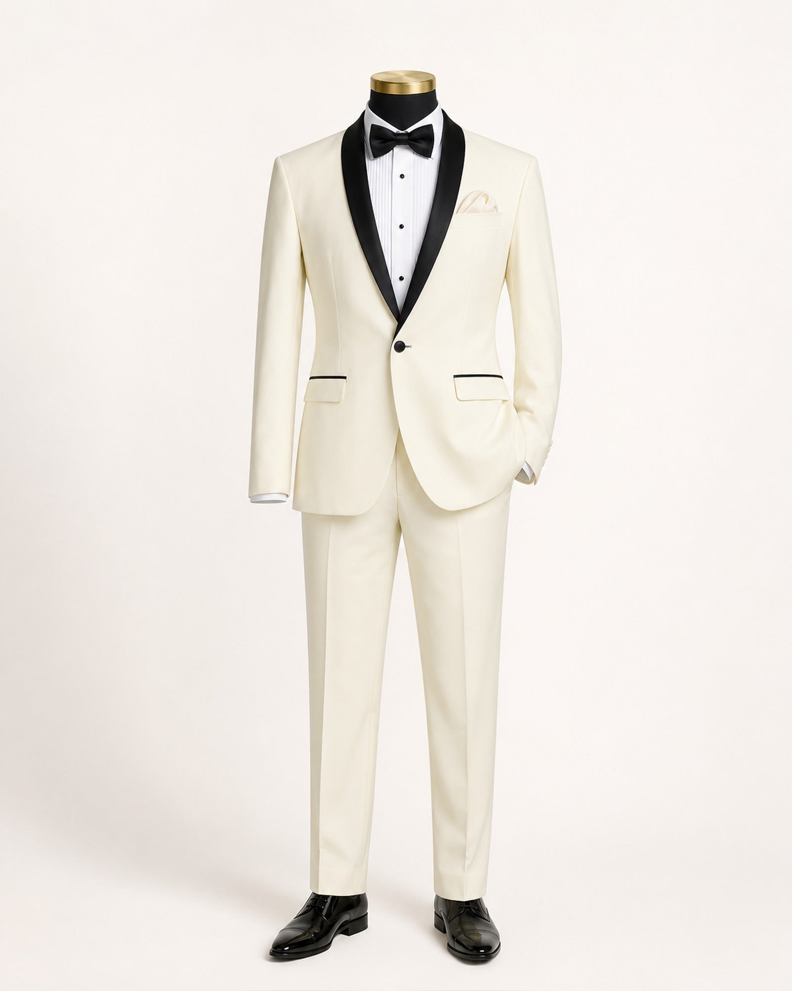 Ivory Slim Fit Tuxedo with Black Shawl Lapel & Ivory Pants - Upscale Men's Fashion
