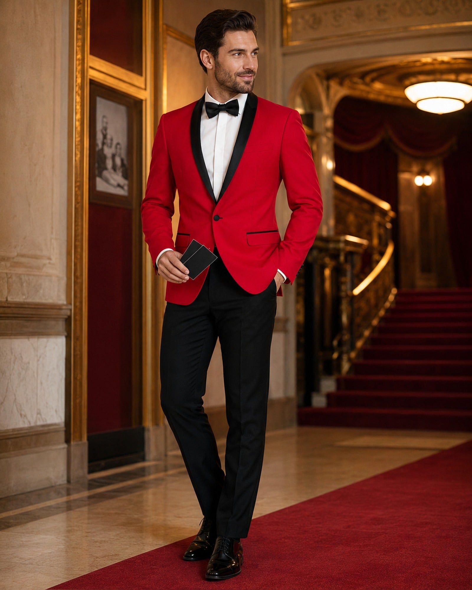 Red Slim Fit Tuxedo with Black Shawl Lapel & Black Pants - Upscale Men's Fashion