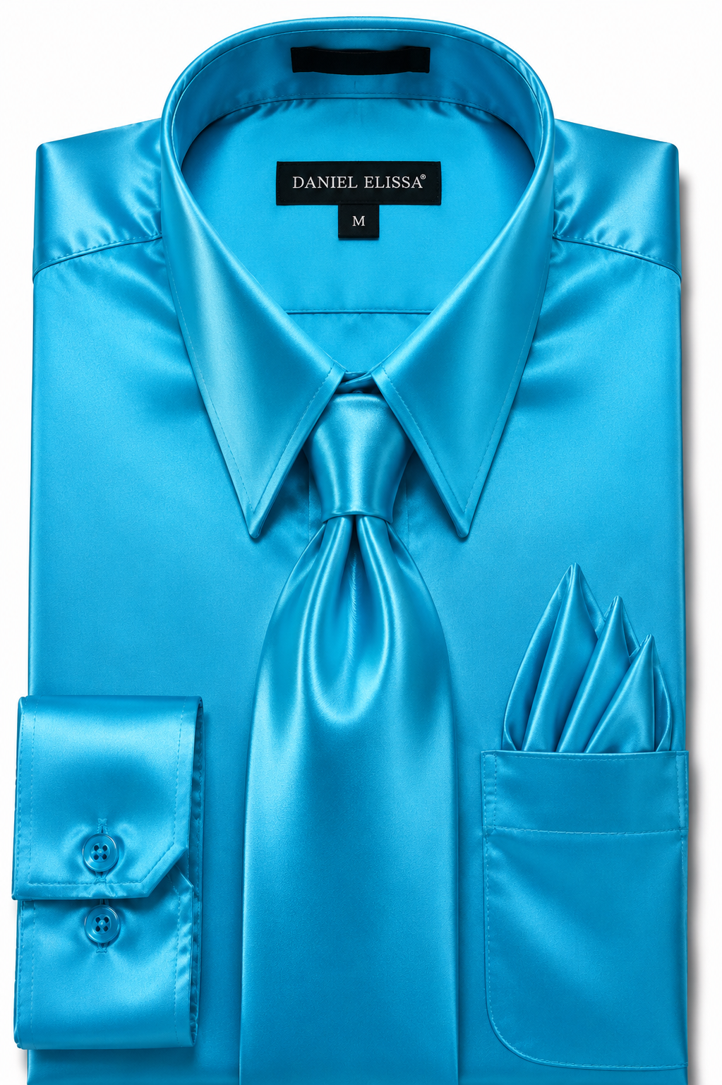 Turquoise Satin Dress Shirt Set with Matching Tie & Pocket Square