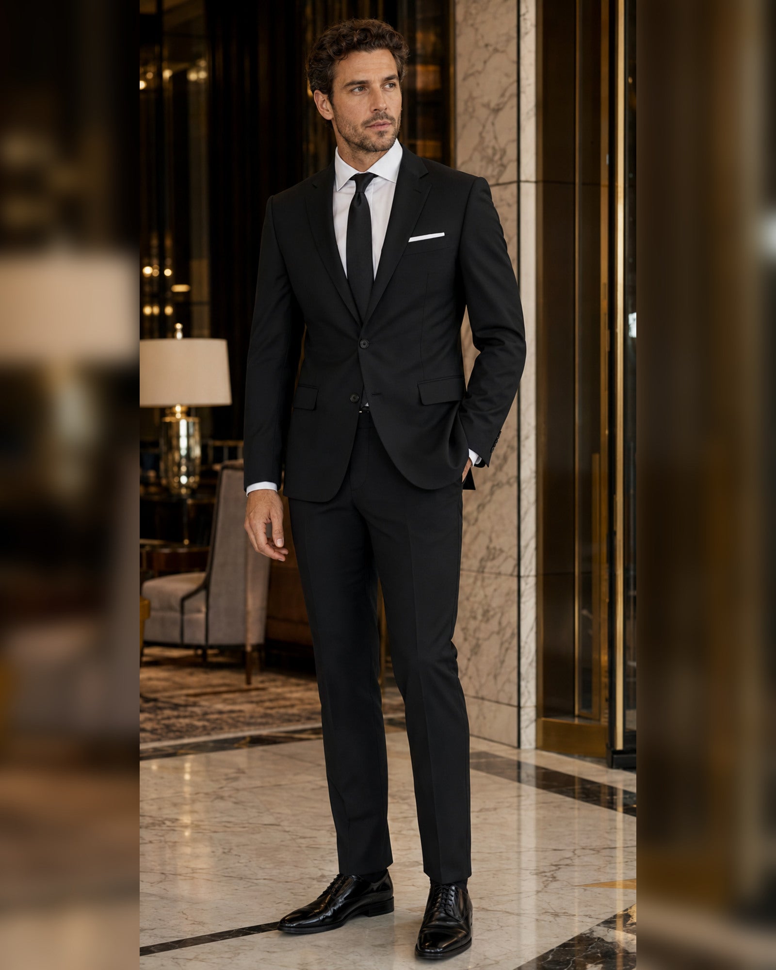 Men wearing black slim fit stretch two-piece suit