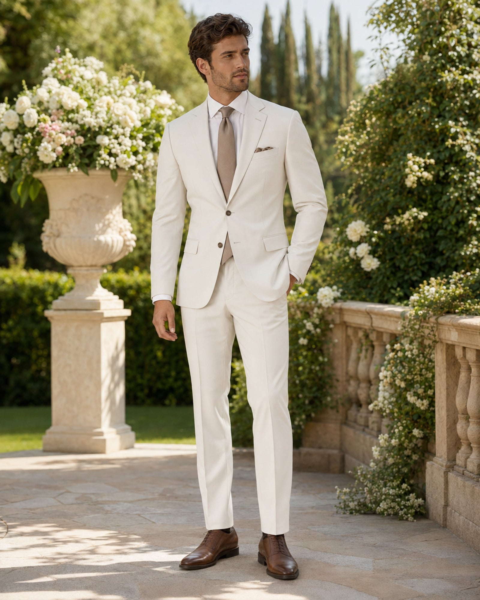Men wearing bone white slim fit stretch two-piece suit