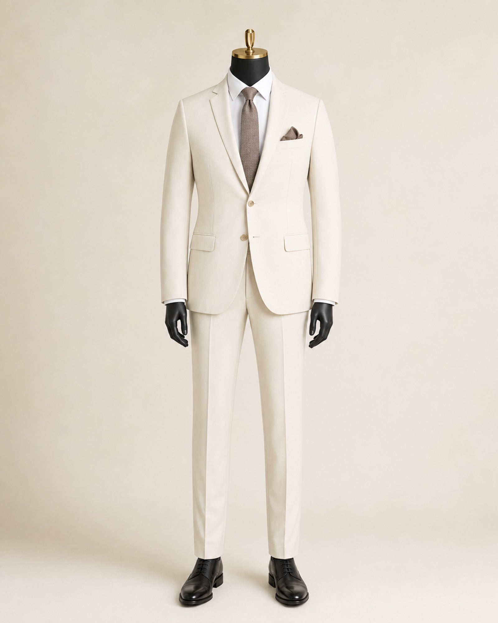 Men's bone white slim fit stretch two-piece suit on black mannequin with gold top
