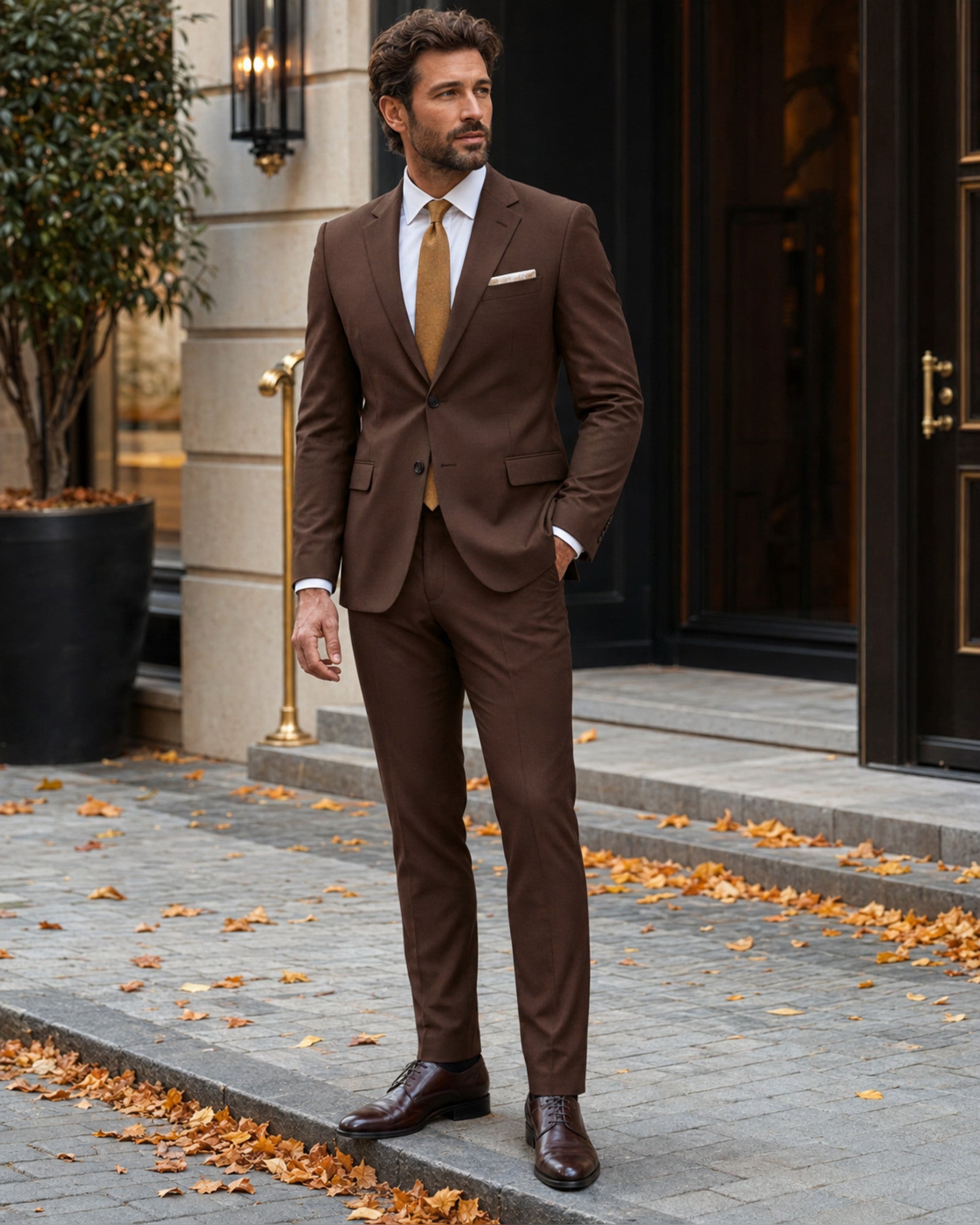 Men wearing brown slim fit stretch two-piece suit