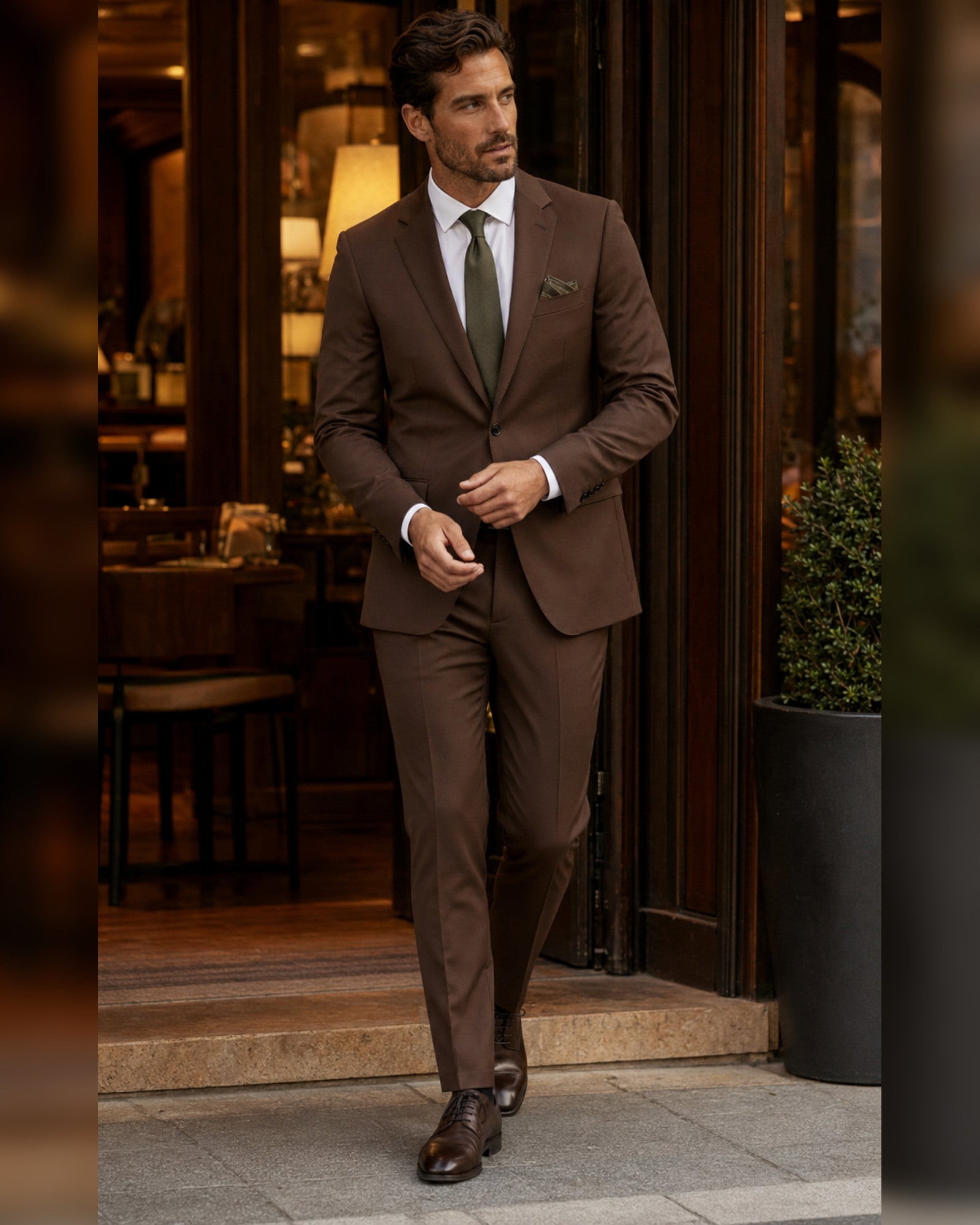 Men's brown slim fit two-piece suit lifestyle