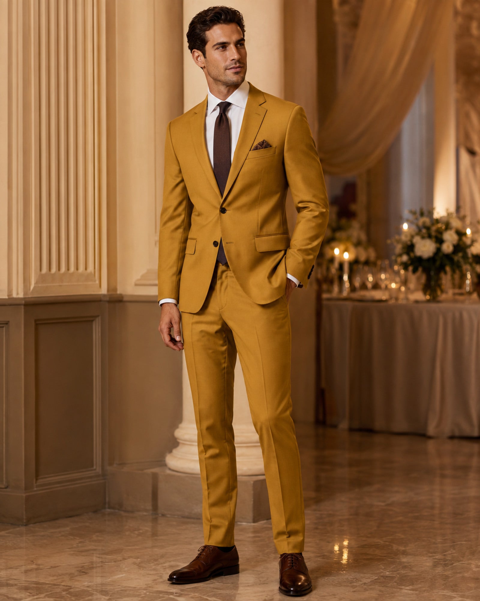 Men wearing gold slim fit stretch two-piece suit