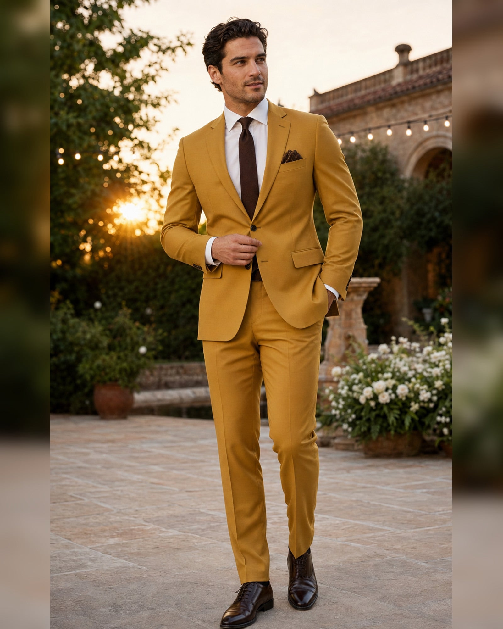 Men's gold slim fit two-piece suit lifestyle