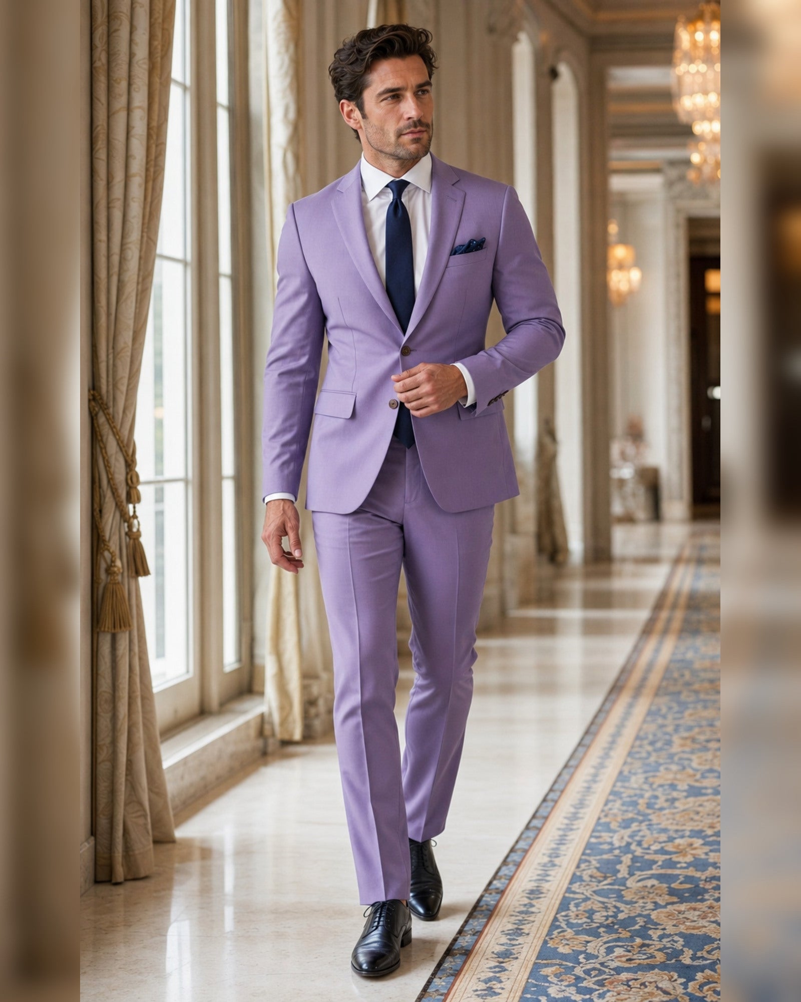 Men's lavender slim fit two-piece suit lifestyle