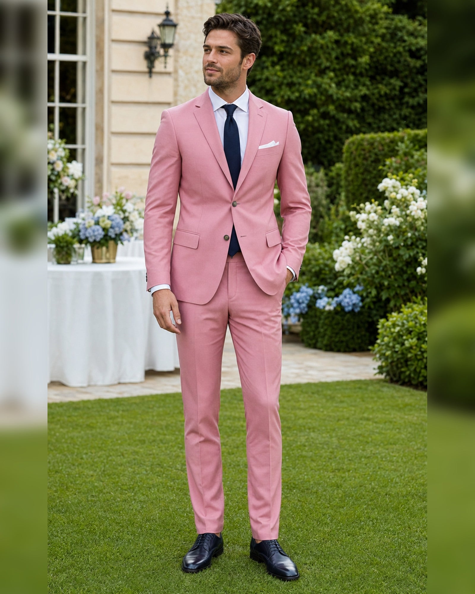 Men wearing pink slim fit stretch two-piece suit