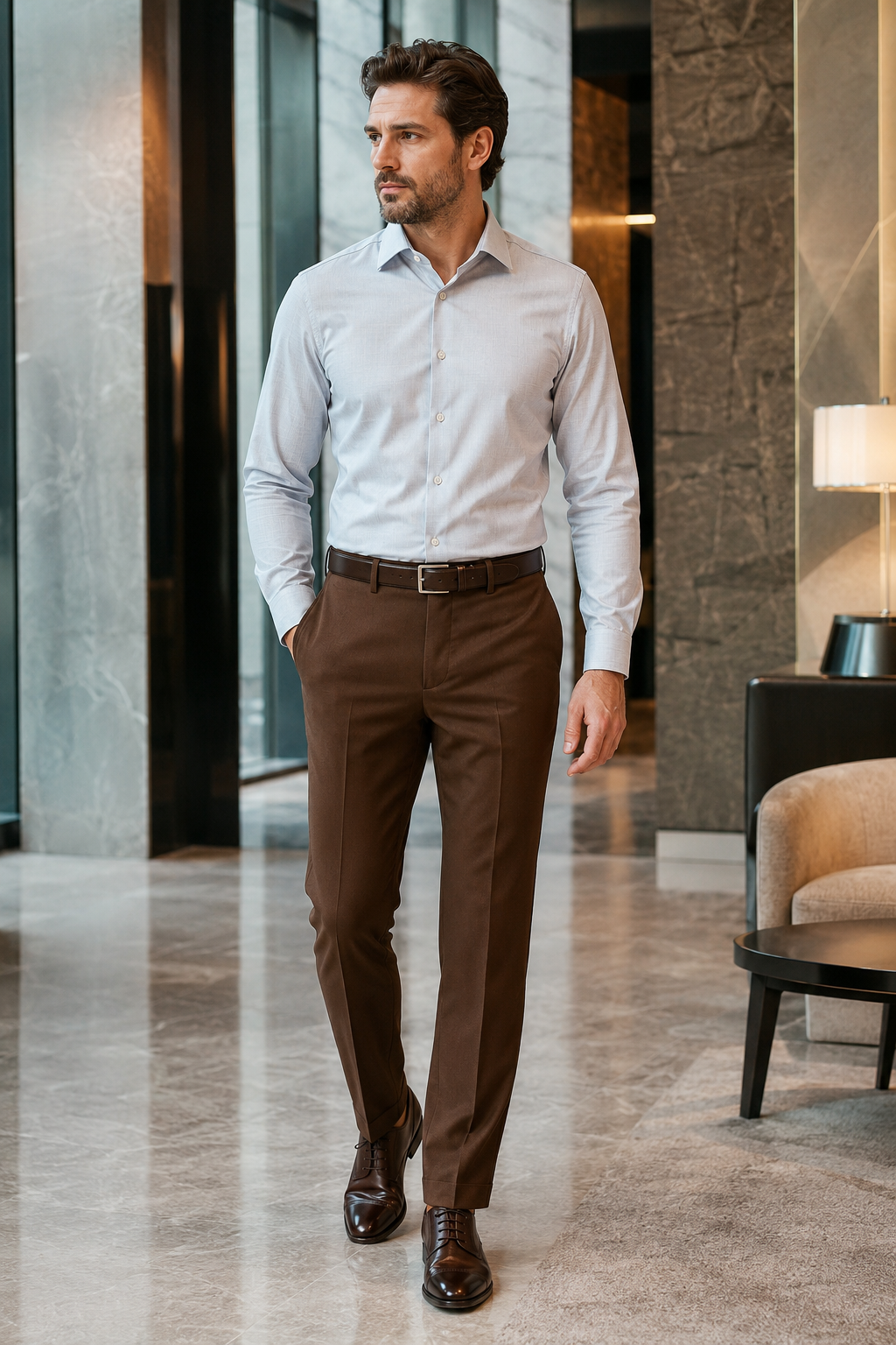 Man wearing Vinci brown modern fit dress pants
