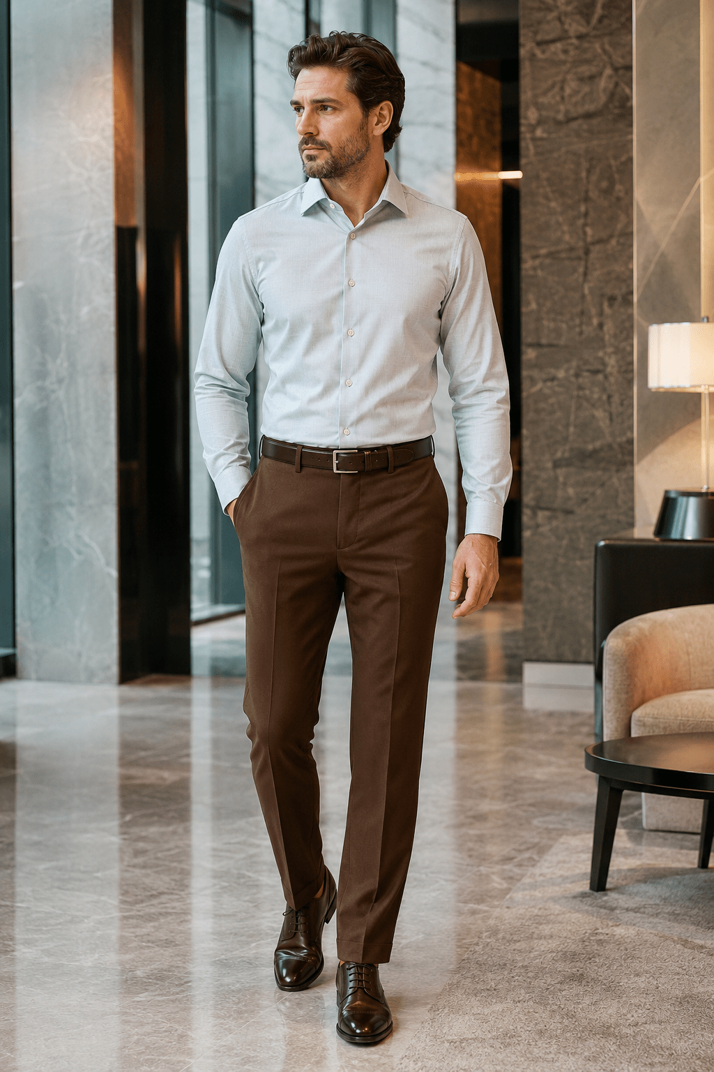 Men's Brown Modern Fit Pre-Hemmed Dress Pants - Upscale Men's Fashion