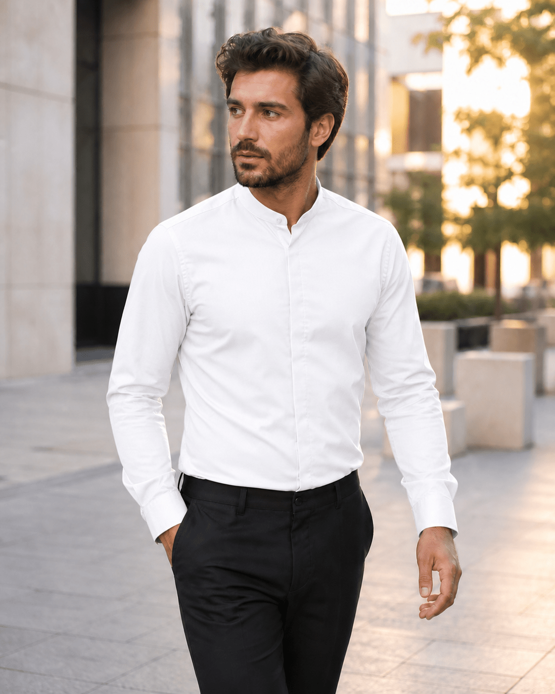 Banded Collar Dress Shirt, White - Upscale Men's Fashion