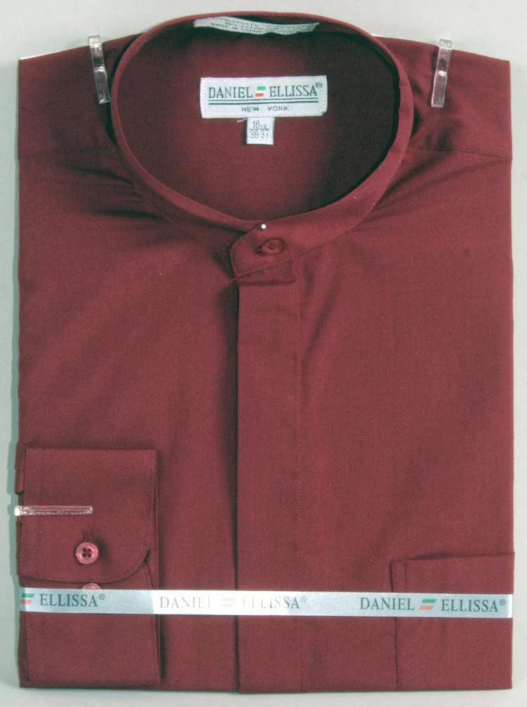 Banded Collar Dress Shirt, Burgundy - Upscale Men's Fashion
