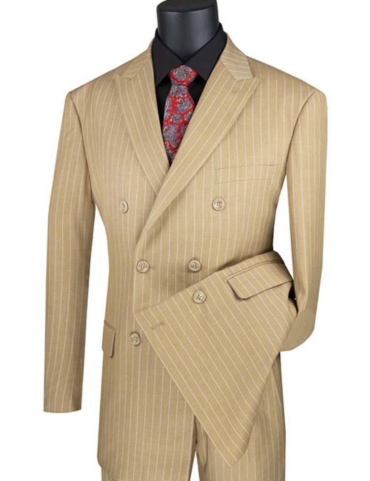 Camel Pinstripe Regular Fit Double-Breasted Wool-Feel Poly Rayon Suit – Banker Collection – Upscale Men’s Fashion