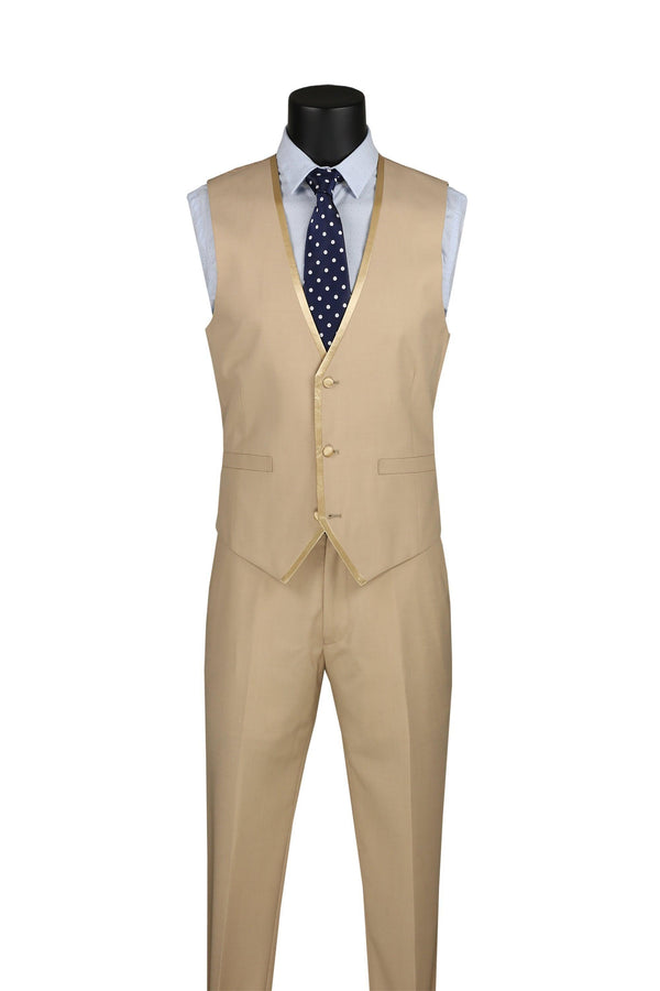 Beige Trimmed Lapel Slim Fit 3 Piece Suit - Upscale Men's Fashion