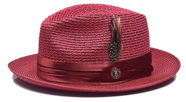 Burgundy Fedora Braided Straw Hat - Upscale Men's Fashion