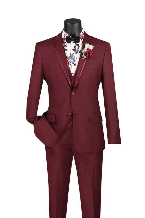 Burgundy Trimmed Lapel Slim Fit 3 Piece Suit - Upscale Men's Fashion