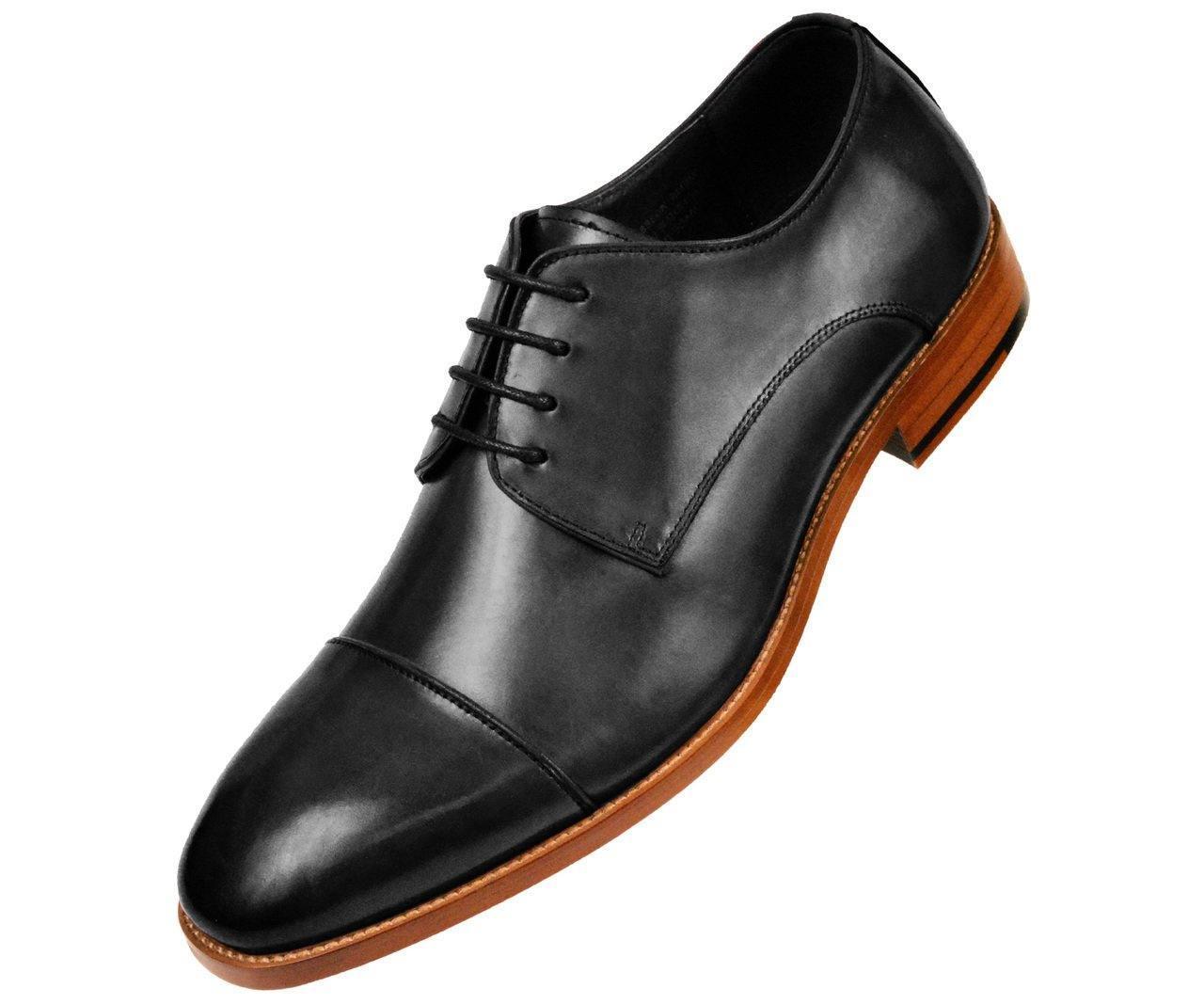 Leather Cap Toe Lace Up Oxford Dress Shoes with Wood Sole -Black - Upscale Men's Fashion