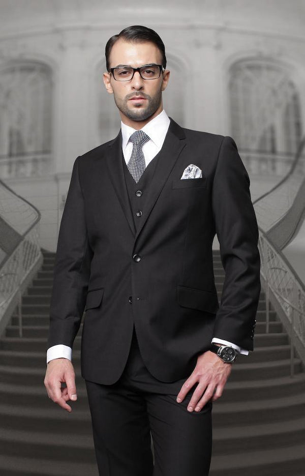 Men's 3 Piece Regular Fit Wool Suit by Statement-Black - Upscale Men's Fashion
