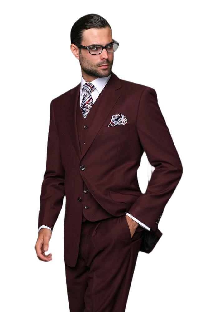 Men's Burgundy Modern Fit 3-Piece Wool Suit by Statement