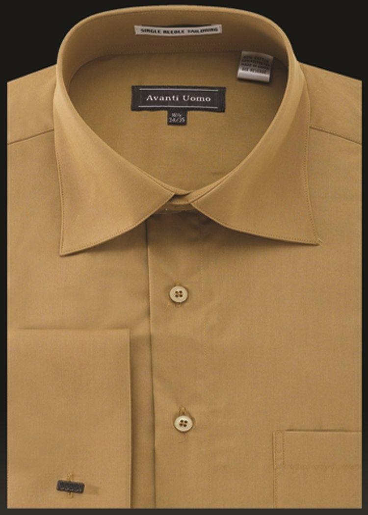 slim fit dress slacks Men's French Cuff Dress Shirt Spread Collar- Mustard Gold, Small (Neck 14-14 ½ Sleeves 32/33)