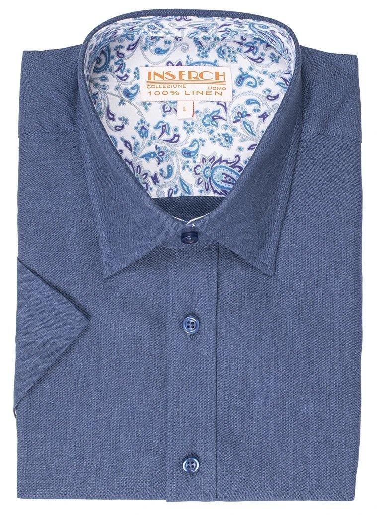 Men's Navy Short Sleeves Linen Shirt by Inserch - Upscale Men's Fashion