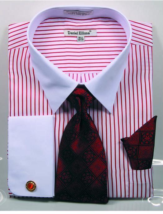 Men's Red PinStripe Shirt Set with White Collar Dress Shirt Set