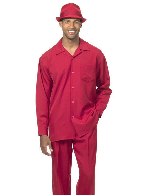 Montique Men's 2 Piece Long Sleeve Walking Suit Solid Red - Upscale Men's Fashion