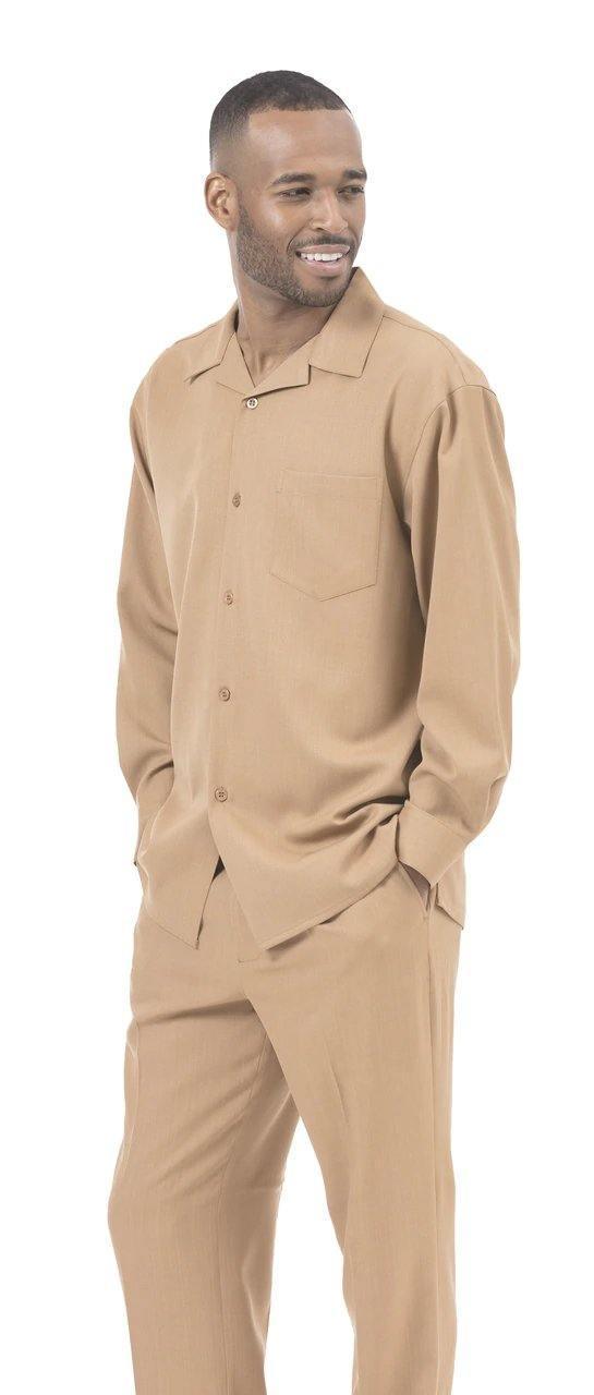 Montique Men's 2 Piece Long Sleeve Walking Suit Solid Tan - Upscale Men's Fashion