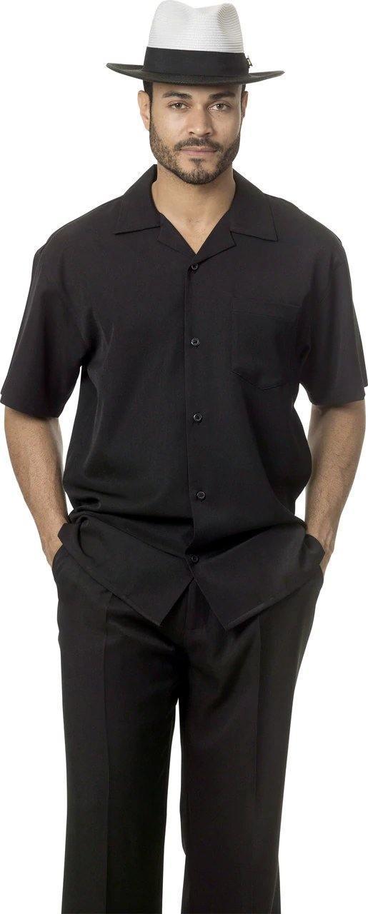 Montique Men's 2 Piece Short Sleeve Walking Suit Solid Black - Upscale Men's Fashion