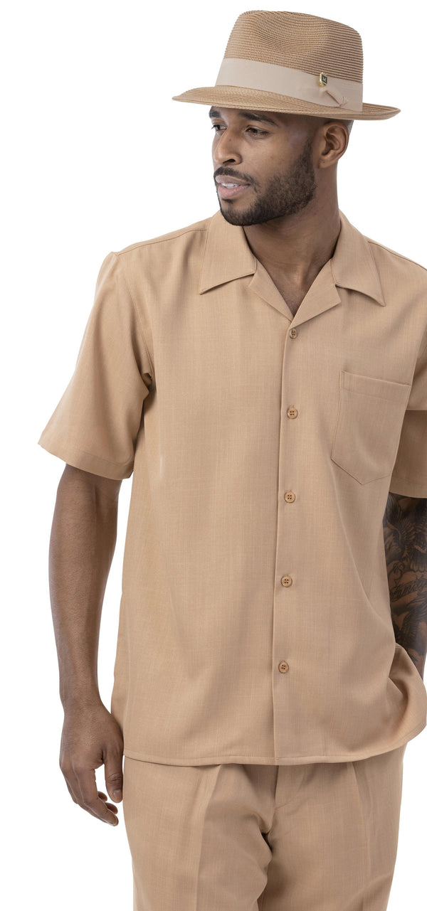 Montique Men's 2 Piece Short Sleeve Walking Suit Solid Tan - Upscale Men's Fashion