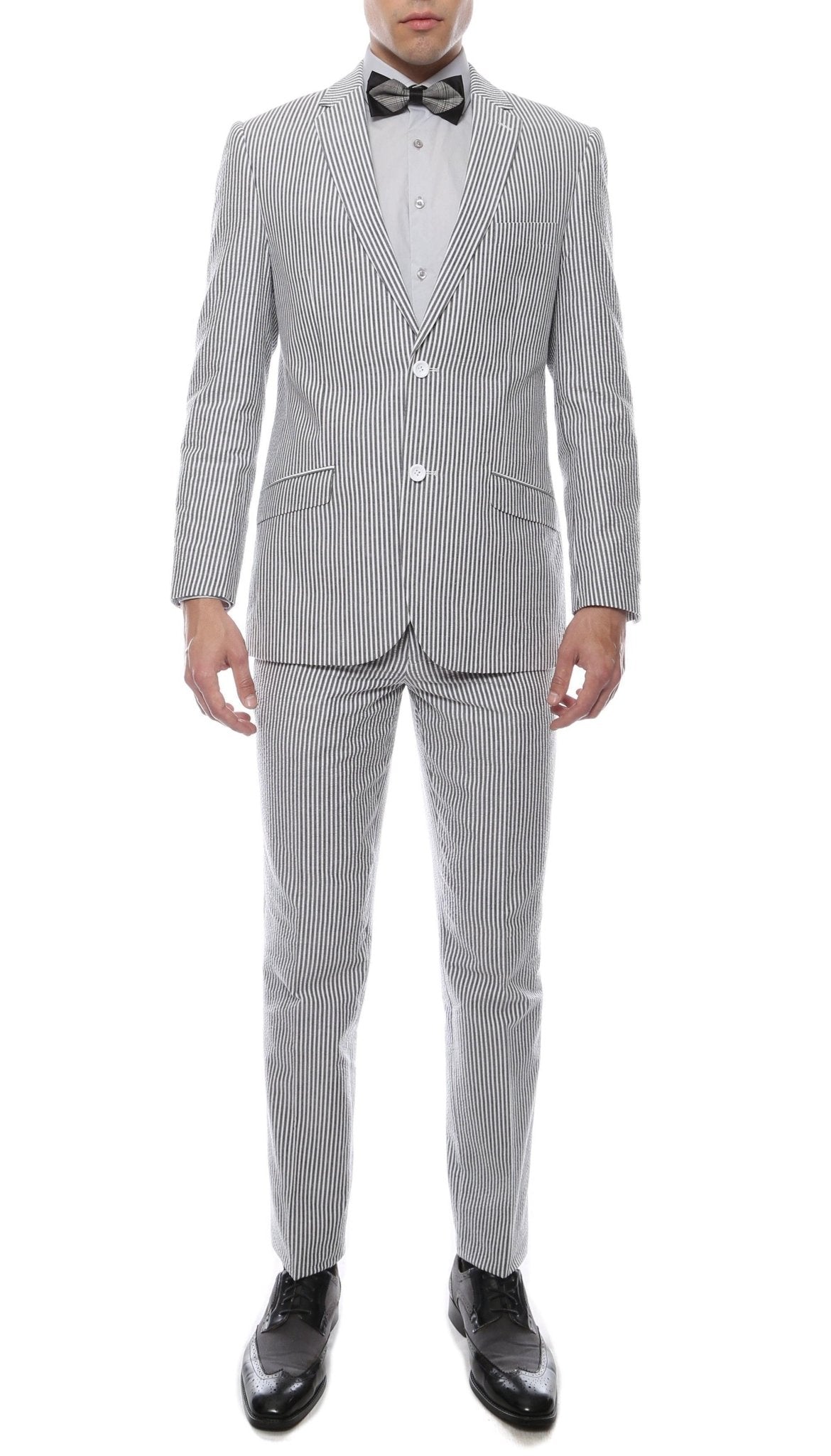 MEN'S 2PC SUMMER SEERSUCKER SLIM FIT SUIT IN BLACK PINSTRIPE - Upscale Men's Fashion