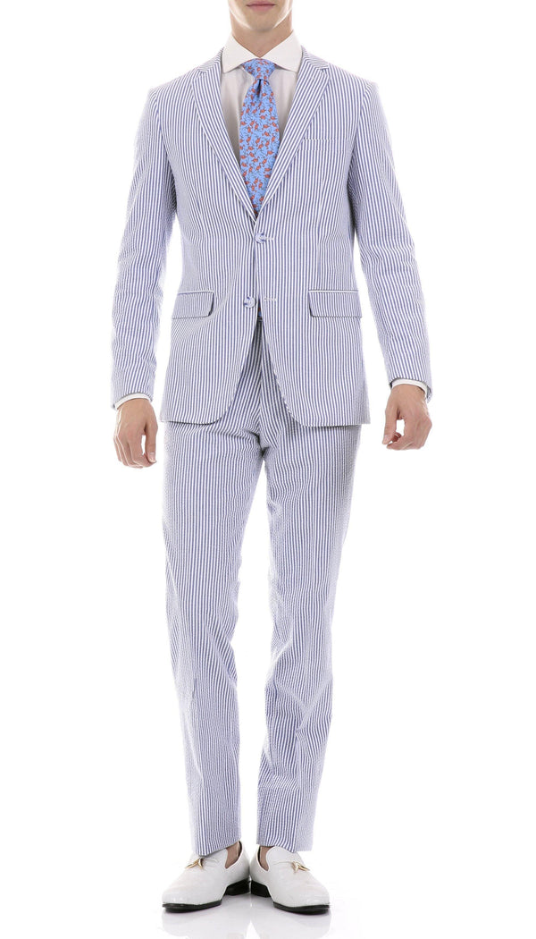 Premium Comfort Cotton Slim fit Blue Seersucker 2 Piece Suit - Upscale Men's Fashion